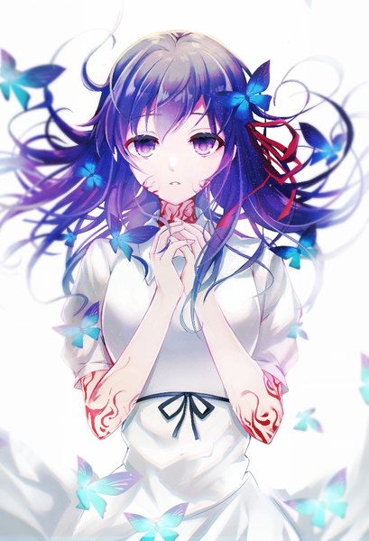 Anime picture 797x1169 with fate (series) fate/stay night matou sakura tingqu single long hair tall image looking at viewer fringe simple background hair between eyes white background purple eyes purple hair parted lips depth of field floating hair hands clasped girl dress