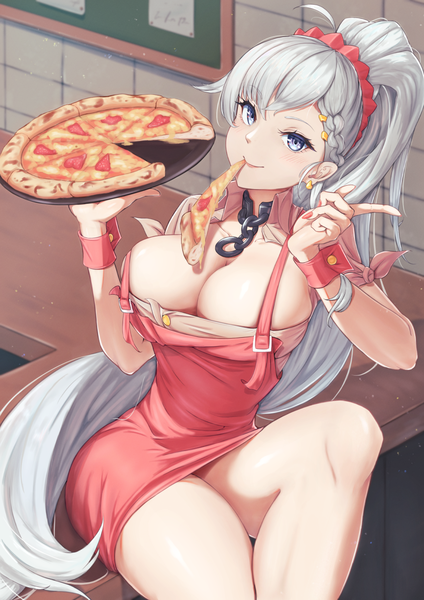 Anime picture 868x1228 with azur lane belfast (azur lane) belfast (piping-hot perfection) (azur lane) ropi (yyuichi29) single tall image looking at viewer fringe breasts blue eyes light erotic smile large breasts sitting holding payot silver hair bent knee (knees) ponytail very long hair