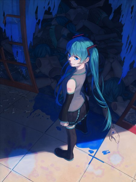 Anime picture 900x1200 with vocaloid hatsune miku esukee single long hair tall image fringe blue eyes twintails from above aqua hair checkered floor broken broken glass crack girl thighhighs skirt black thighhighs detached sleeves