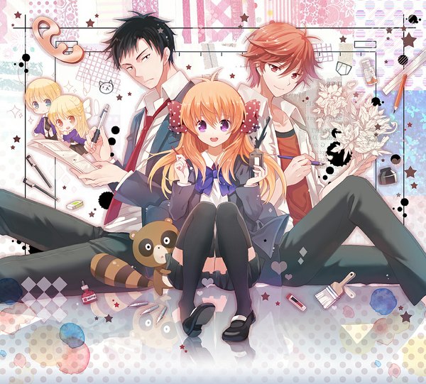 Anime picture 1109x1000 with gekkan shoujo nozaki-kun doga kobo sakura chiyo nozaki umetarou mikoshiba mikoto rednian long hair looking at viewer short hair open mouth black hair sitting purple eyes orange hair multiple boys chibi polka dot . . girl thighhighs