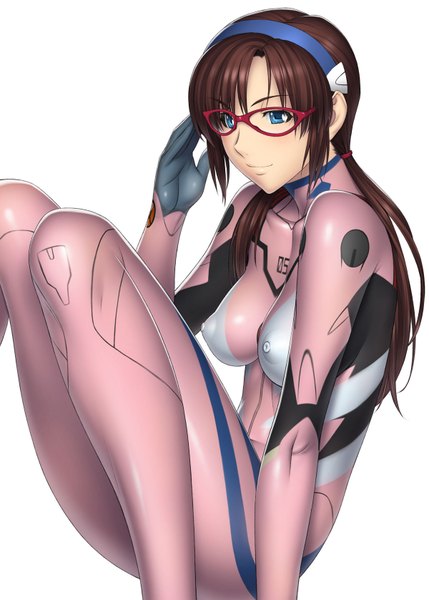 Anime picture 1200x1678 with neon genesis evangelion rebuild of evangelion evangelion: 2.0 you can (not) advance gainax makinami mari illustrious kansuke single long hair tall image blue eyes simple background smile brown hair white background girl glasses bodysuit pilot suit