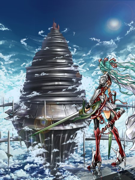 Anime picture 1500x2000 with sword art online vocaloid a-1 pictures hatsune miku essual (layer world) single long hair tall image standing twintails blue hair sky cloud (clouds) sunlight back girl thighhighs weapon black thighhighs sword