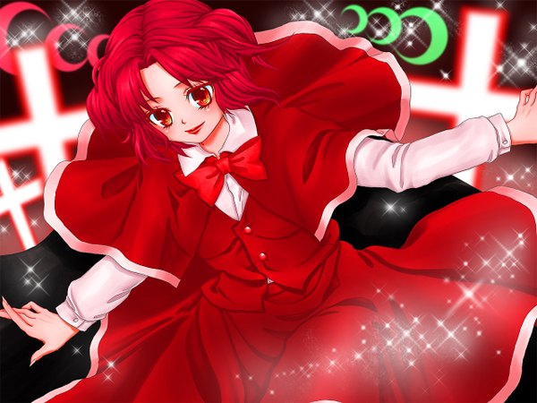 Anime picture 1280x960 with touhou okazaki yumemi red hair girl bowtie cape cross yuu (hi lite)