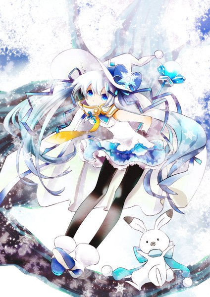 Anime picture 1000x1415 with vocaloid suki! yuki! maji magic (vocaloid) hatsune miku yuki miku rabbit yukine yuki miku (2014) anoringo single long hair tall image blue eyes twintails white hair light smile leaning leaning forward snowing snow girl skirt