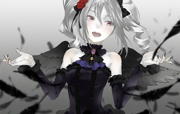 Anime picture 1500x950 with idolmaster idolmaster cinderella girls kanzaki ranko redjuice single long hair fringe open mouth smile twintails purple eyes bare shoulders looking away silver hair long sleeves nail polish hair flower gradient background spread arms pale skin