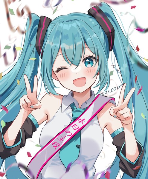 Anime picture 1040x1261 with vocaloid hatsune miku nibii (mnwv8887) single long hair tall image blush fringe open mouth hair between eyes twintails upper body nail polish one eye closed aqua eyes wink aqua hair dated victory ;d
