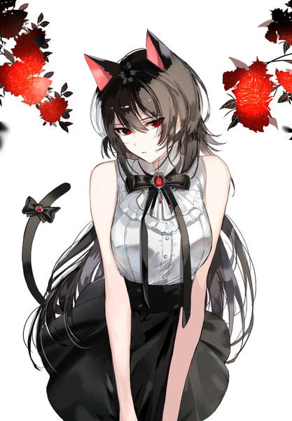 Anime picture 751x1079 with original naru (ul) single long hair tall image fringe breasts black hair simple background hair between eyes red eyes standing white background bare shoulders animal ears tail animal tail cat ears cat girl cat tail