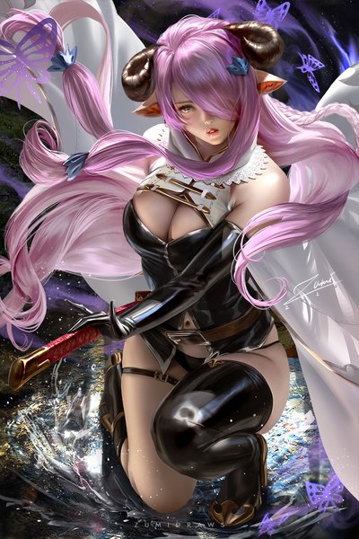 Anime picture 720x1080 with granblue fantasy narmaya (granblue fantasy) zumi (zumidraws) single long hair tall image looking at viewer fringe breasts light erotic large breasts bare shoulders signed payot pink hair cleavage full body bent knee (knees) outdoors braid (braids)