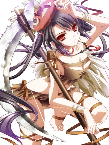 Anime picture 1200x1600 with original moneti (daifuku) single long hair tall image looking at viewer light erotic black hair simple background red eyes white background twintails mask on head girl dress ribbon (ribbons) weapon mask scythe