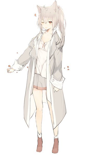 Anime picture 566x1000 with original lpip single long hair tall image looking at viewer blush fringe open mouth simple background hair between eyes red eyes standing white background animal ears full body long sleeves one eye closed grey hair cat ears