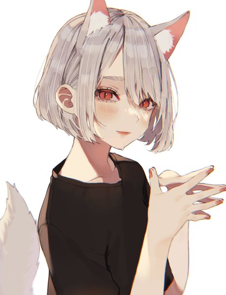 Anime picture 2097x2734 with original daluto (hitomi555) single tall image looking at viewer blush fringe highres short hair simple background hair between eyes red eyes white background animal ears upper body tail nail polish animal tail fingernails light smile