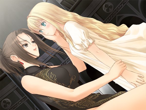Anime picture 1024x768 with france shoujo shoujo odagiri maiko tony taka long hair blonde hair brown hair multiple girls brown eyes green eyes game cg loli chinese clothes girl 2 girls chinese dress