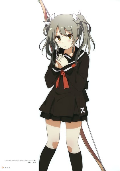 Anime picture 2456x3500 with kantai collection milky been! (ogipote) - kancolle "heroine" eshuu zuikaku aircraft carrier ogipote single long hair tall image looking at viewer fringe highres simple background white background twintails brown eyes long sleeves grey hair scan interlocked fingers girl uniform