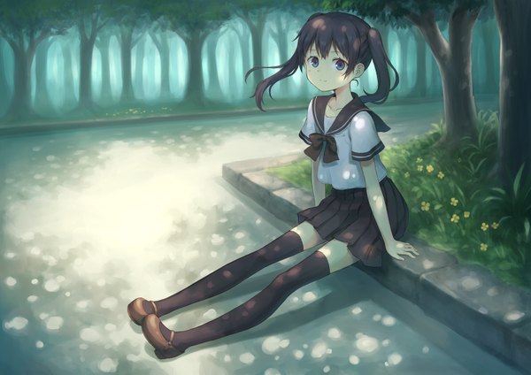 Anime-Bild 1600x1132 mit original 104 single long hair looking at viewer blush fringe blue eyes black hair sitting twintails full body outdoors pleated skirt light smile wind arm support shadow girl thighhighs