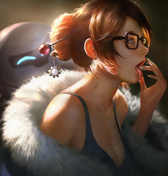 Anime picture 2715x2839 with overwatch blizzard entertainment mei (overwatch) snowball (overwatch) wang chen physicaligraphy tall image highres open mouth brown hair looking away cleavage profile fingernails realistic hair bun (hair buns) fur trim saliva long fingernails licking