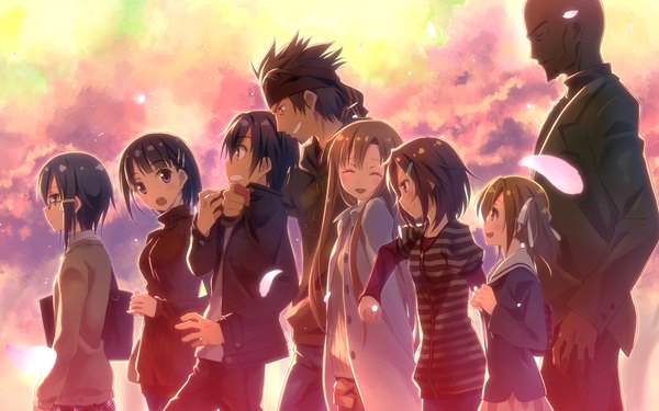 Anime picture 2560x1600 with sword art online a-1 pictures yuuki asuna kirigaya kazuto asada shino kirigaya suguha silica lisbeth ryoutarou tsuboi agil yuuki tatsuya long hair blush highres short hair open mouth blue eyes black hair smile brown hair