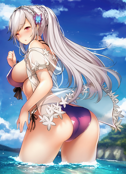 Anime picture 1200x1650 with azur lane dunkerque (azur lane) dunkerque (summer sucre) (azur lane) tobimura single long hair tall image looking at viewer blush fringe breasts light erotic red eyes large breasts standing sky cloud (clouds) outdoors ass ponytail