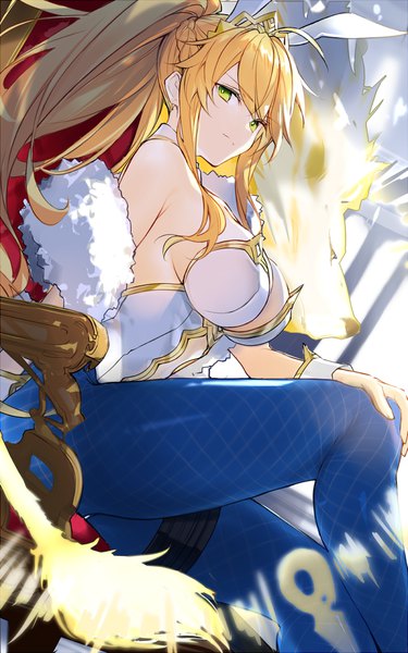 Anime picture 750x1200 with fate (series) fate/grand order artoria pendragon (all) artoria pendragon (swimsuit ruler) (fate) fukuda935 single long hair tall image looking at viewer breasts light erotic blonde hair large breasts sitting green eyes animal ears ahoge ponytail bunny ears fake animal ears