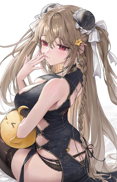Anime picture 3008x4664 with azur lane manjuu (azur lane) anchorage (azur lane) anchorage (moonlit boat ride) (azur lane) sssong aa single long hair tall image fringe highres breasts light erotic simple background hair between eyes red eyes brown hair large breasts white background sitting bare shoulders