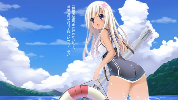 Anime picture 1000x563 with kantai collection ro-500 submarine tomosuke single long hair blush open mouth blue eyes light erotic wide image sky cloud (clouds) white hair girl hair ornament swimsuit sailor suit lifebuoy