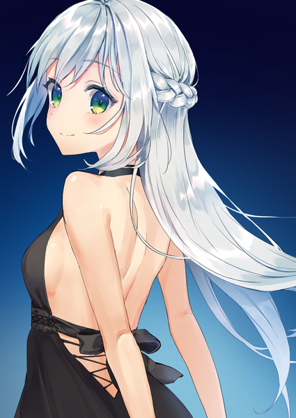 Anime picture 920x1300 with original rimo single long hair tall image looking at viewer blush fringe breasts light erotic simple background smile hair between eyes bare shoulders green eyes payot silver hair upper body braid (braids) looking back