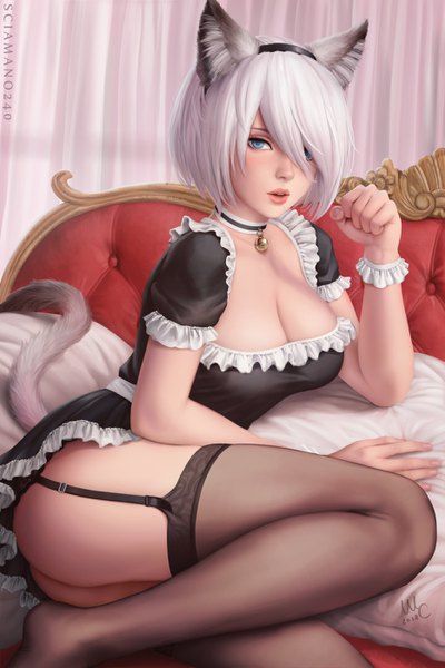 Anime picture 1866x2800 with nier nier:automata yorha no. 2 type b sciamano240 single tall image looking at viewer blush fringe highres short hair breasts blue eyes light erotic large breasts sitting animal ears payot cleavage bent knee (knees)