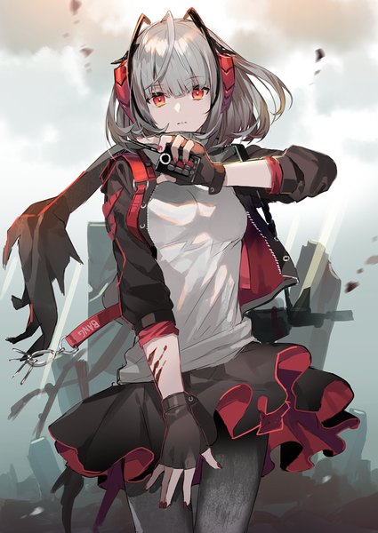 Anime picture 860x1214 with arknights w (arknights) eihi single tall image looking at viewer fringe short hair hair between eyes red eyes standing holding sky cloud (clouds) ahoge nail polish parted lips pleated skirt wind grey hair
