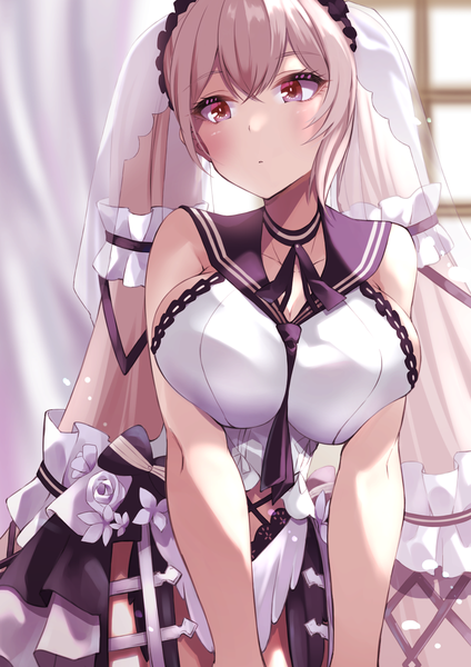 Anime picture 992x1403 with azur lane formidable (azur lane) formidable (timeless classics) (azur lane) wee (weeyy) single tall image blush fringe breasts light erotic hair between eyes red eyes large breasts standing purple eyes twintails looking away silver hair very long hair sleeveless