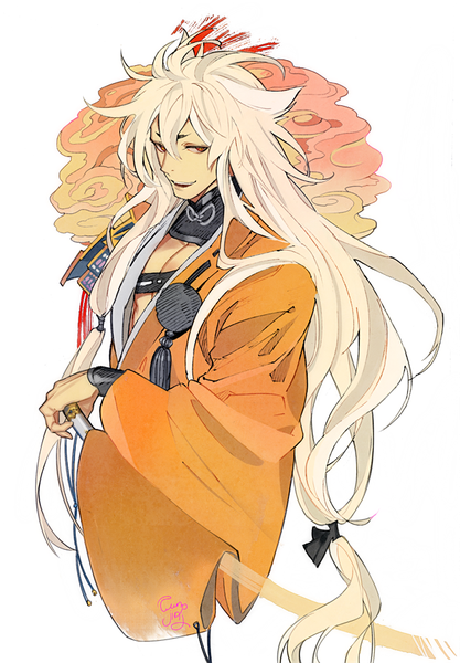 Anime picture 600x863 with touken ranbu nitroplus kogitsunemaru funpjinju single long hair tall image smile red eyes white background signed white hair traditional clothes parted lips japanese clothes from above boy weapon sword katana