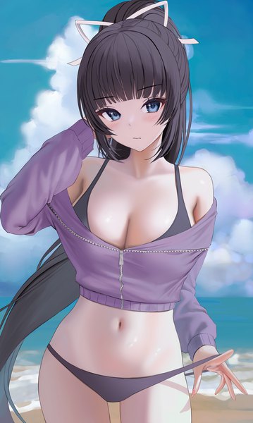 Anime picture 1391x2328 with original tokkihouse single long hair tall image looking at viewer blush fringe breasts blue eyes light erotic black hair large breasts standing payot sky cloud (clouds) outdoors ponytail blunt bangs