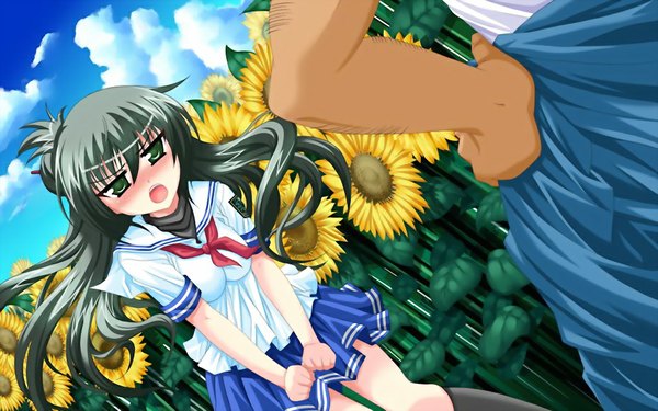 Anime picture 1024x640 with doinaka channel 5 oowada sachi long hair blush open mouth black hair wide image green eyes game cg girl serafuku