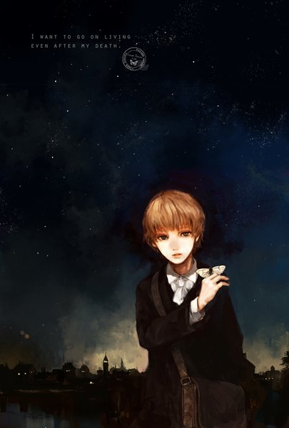 Anime picture 736x1090 with original kokuto single tall image looking at viewer short hair open mouth brown hair night grey eyes night sky text city boy necktie insect butterfly bag suit child (children)