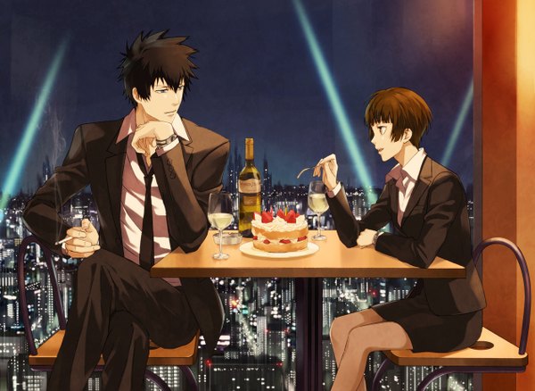 Anime picture 1268x926 with psycho-pass production i.g kougami shin'ya tsunemori akane raibura short hair blue eyes brown hair sitting night open clothes open jacket city smoke smoking spiked hair girl boy pantyhose food