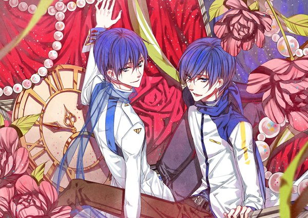 Anime picture 1000x707 with vocaloid kaito (vocaloid) kaito (vocaloid3) witchonly (artist) fringe short hair open mouth blue eyes sitting blue hair nail polish light smile multiple boys transparent boy flower (flowers) belt scarf leaf (leaves) 2 boys