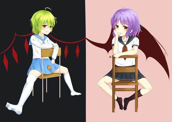 Anime picture 2000x1414 with touhou flandre scarlet remilia scarlet flan (seeyouflan) looking at viewer highres short hair simple background smile red eyes sitting multiple girls purple hair ahoge long sleeves green hair short sleeves no shoes :p girl