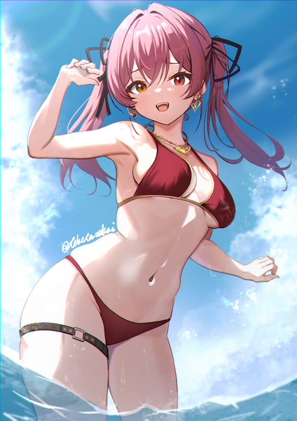Anime picture 1013x1433 with virtual youtuber hololive houshou marine houshou marine (summer) toketa-sekai single long hair tall image looking at viewer fringe breasts open mouth light erotic hair between eyes standing twintails signed sky cloud (clouds) red hair