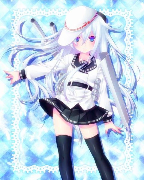 Anime picture 800x1000 with kantai collection hibiki destroyer verniy destroyer door to heaven single long hair tall image looking at viewer blush blue eyes white hair hammer and sickle girl thighhighs weapon black thighhighs star (symbol) sailor suit flat cap