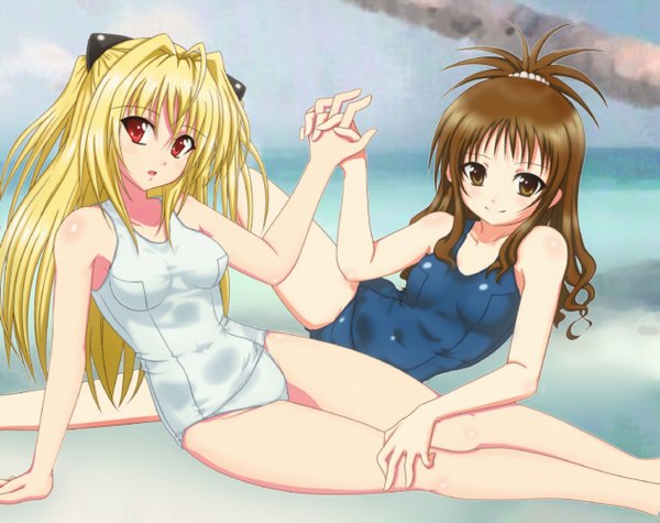 Anime picture 1263x1000 with toloveru toloveru darkness xebec konjiki no yami yuuki mikan light erotic interlocked fingers swimsuit one-piece swimsuit school swimsuit