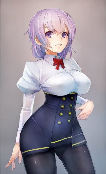 Anime picture 730x1200 with original taishi (picchiridou) single long hair tall image looking at viewer breasts open mouth light erotic simple background smile large breasts standing purple eyes purple hair teeth girl uniform bow pantyhose