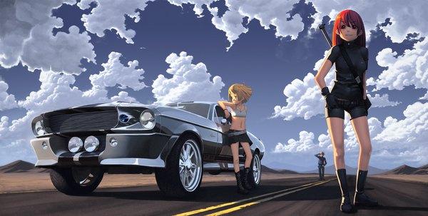 Anime picture 1920x970 with original ford alkemanubis long hair looking at viewer highres short hair blue eyes blonde hair red eyes brown hair wide image standing multiple girls looking away sky cloud (clouds) red hair bare belly mountain