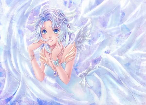 Anime picture 1500x1086 with veggiesexy single looking at viewer short hair blue eyes blue hair angel wings angel hands on face girl dress wings bracelet pendant feather (feathers)