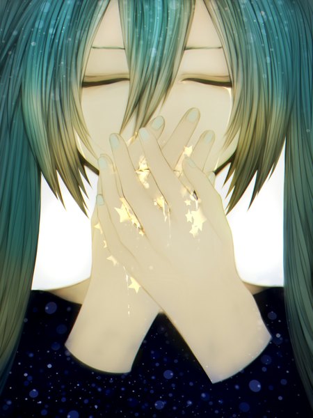 Anime picture 1500x2000 with vocaloid hatsune miku qianjing single tall image white background twintails eyes closed very long hair aqua hair tears girl star (symbol)