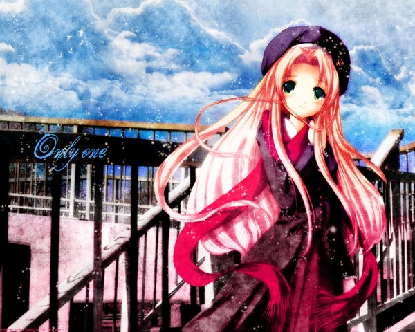 Anime picture 1280x1024 with snowing winter snow scarf red scarf winter clothes tagme