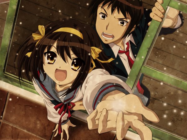 Anime picture 1600x1200 with suzumiya haruhi no yuutsu kyoto animation suzumiya haruhi kyon ikeda kazumi rika23 short hair open mouth smile brown hair signed yellow eyes outstretched arm snowing third-party edit girl boy uniform ribbon (ribbons) hair ribbon