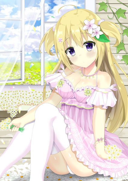 Anime picture 860x1214 with original arupisu (shintea) single long hair tall image looking at viewer blush fringe breasts light erotic blonde hair hair between eyes sitting bare shoulders holding payot sky cleavage cloud (clouds) ahoge