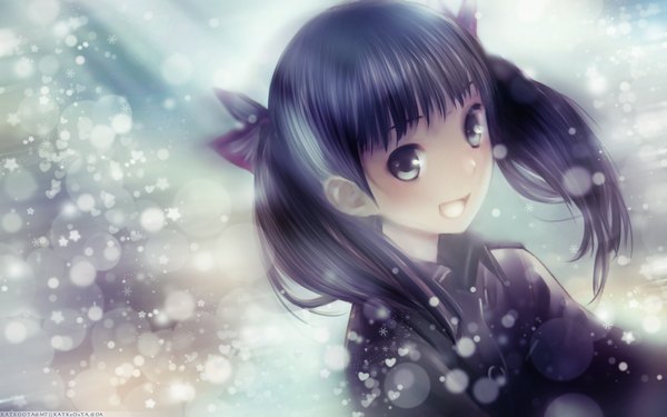 Anime picture 1920x1200 with sora no woto a-1 pictures suminoya kureha kishida mel katkooota single long hair looking at viewer highres open mouth black hair smile wide image twintails grey eyes light snowing winter snow girl