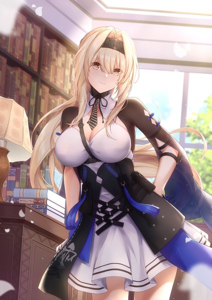 Anime picture 2480x3508 with punishing: gray raven bianca (punishing: gray raven) jiusan naitan single long hair tall image looking at viewer blush fringe highres breasts blonde hair smile hair between eyes large breasts standing yellow eyes cleavage indoors head tilt