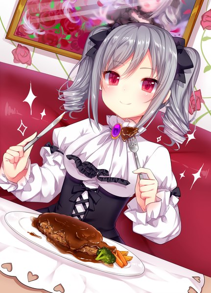 Anime picture 900x1252 with idolmaster idolmaster cinderella girls kanzaki ranko nachi single long hair tall image looking at viewer blush fringe breasts smile hair between eyes red eyes large breasts sitting twintails holding payot silver hair