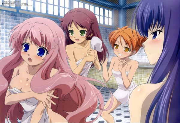 Anime picture 5947x4074 with baka to test to shoukanjuu megami magazine silver link himeji mizuki shimada minami kirishima shouko shimizu miharu hasegawa michio blush highres open mouth blue eyes light erotic multiple girls green eyes yellow eyes blue hair pink hair absurdres orange hair