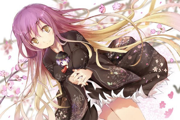 Anime picture 1200x800 with touhou hijiri byakuren sukuna shinmyoumaru efe long hair looking at viewer blush short hair blonde hair smile sitting purple eyes multiple girls brown eyes purple hair traditional clothes japanese clothes multicolored hair dutch angle cherry blossoms